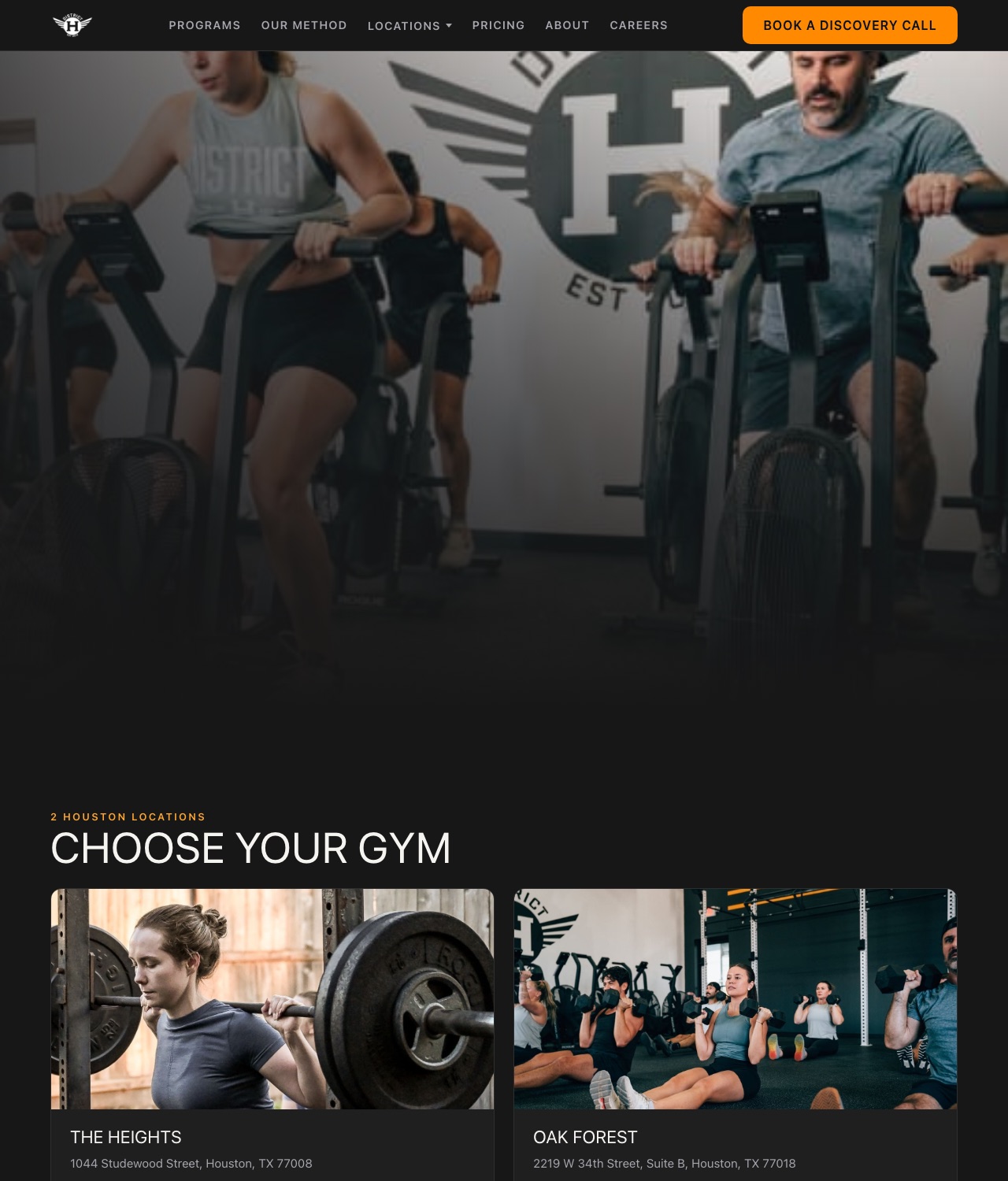 The live District H Strength and Fitness website on desktop: booking CTA in the navigation, gym photography, and both Houston locations with addresses