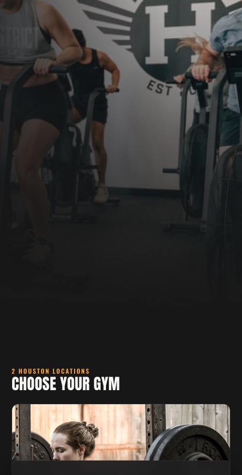 The same District H website on a phone: the gym brand up top and the two Houston locations section one thumb away